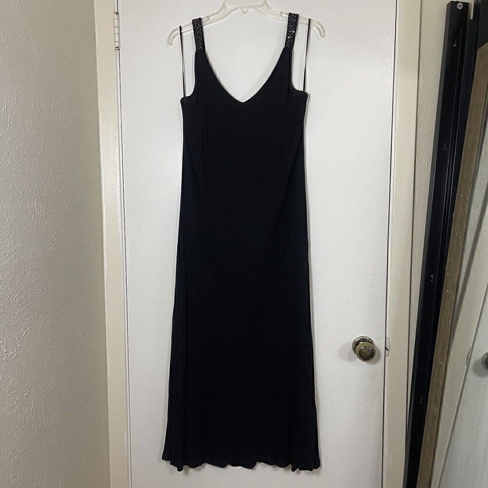 Lafayette 148 New York black rhinestone straps viscose long dress size US 12